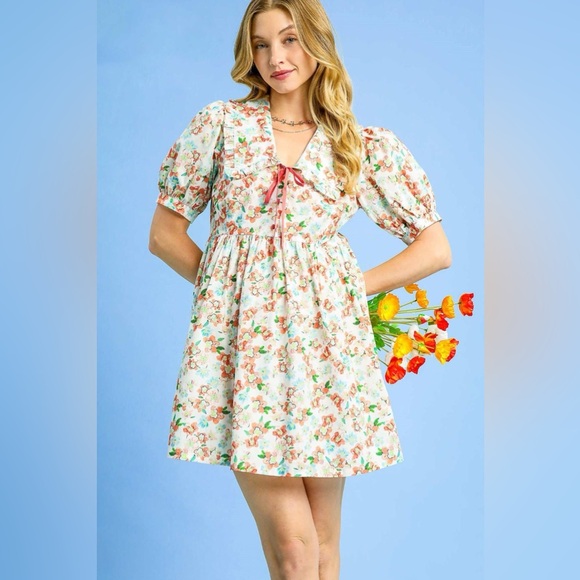 NWT Umgee Floral Puff Sleeve Mini Dress with Tie Front - 100% Cotton S-L - Picture 1 of 4